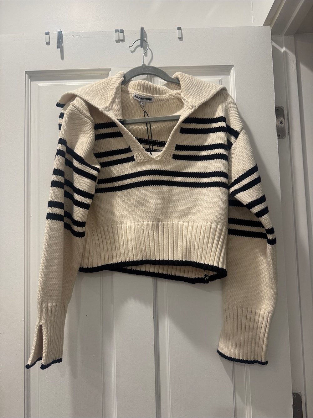 Solid+ striped and Black Striped V‑Neck Polo Sweater